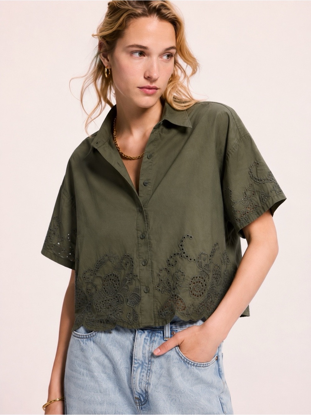 RAG & BONE Marin Embroidered Eyelet Crop Blouse Olive Green S - Picture 2 of 9
